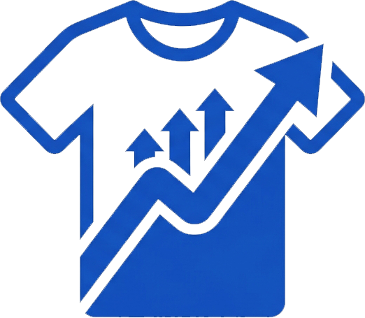 Minimalist blue icon of a t-shirt featuring a rising trend line arrow across the front, set against a plain light background.